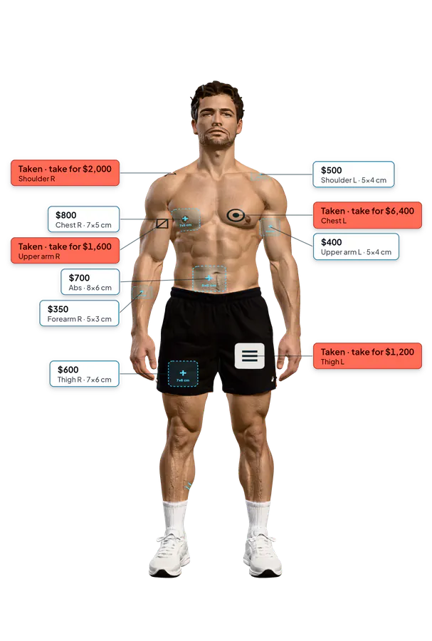 A 3D model of a man in running shorts with sponsor slots on his shoulders, arms, chest, abs and thighs. Each slot has a price tag, and four are marked Taken.